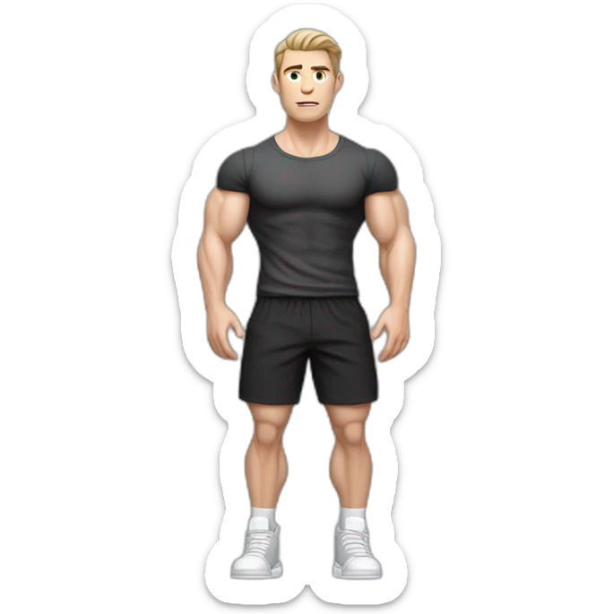 Confused Pale skinned Fit Man With the biceps and dark brown hair in black shirt, gray sports shorts and white Sneakers sticker
