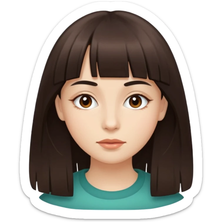 Tenho uma franja vegana, sombrancelha reta fina, um rosto oval e meu cabelo é grande e castanho escuro. Faça nesse estilo 🧟‍♀️  sticker