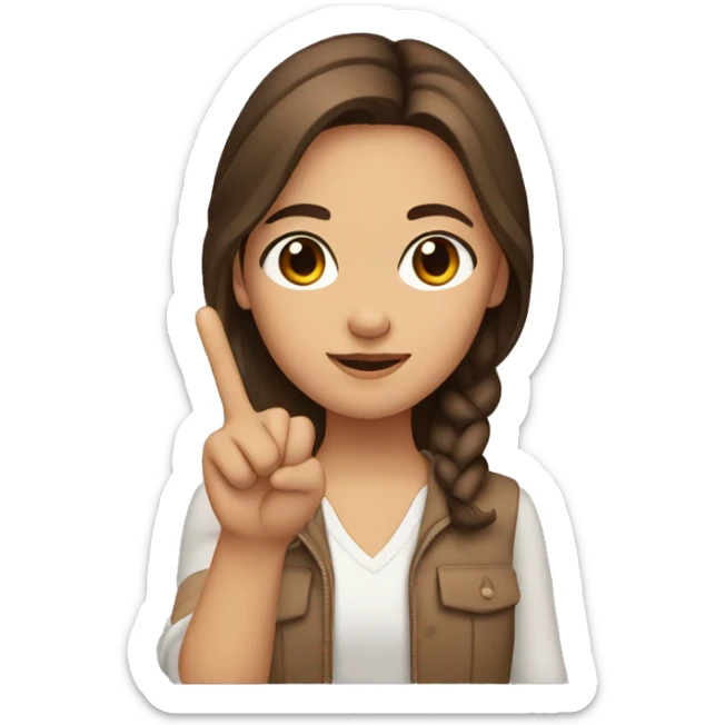 Girl with brown hair and brown eyes doing a peace sign with the right hand sticker