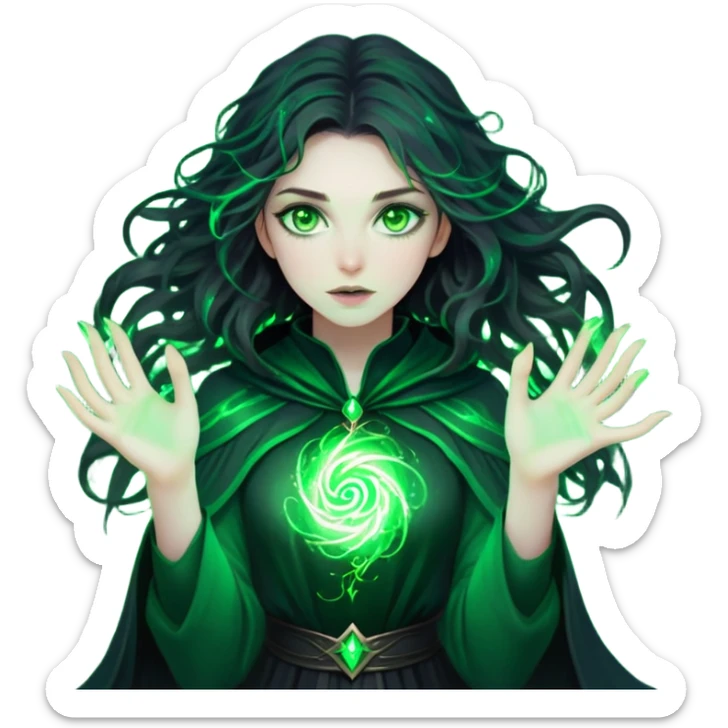 a young woman with pale skin, dark messy hair, glowing green eyes, and wearing a dark, mystical outfit. She’s surrounded by swirling magical energy, with sparks of green magic around her hands.” sticker
