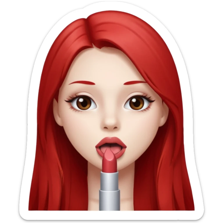 una chica de 18 años sacando la lengua con los labios con pintalabios nude y los ojos maquillados, de piel blanca con el pelo liso, largo y pelirrojo, ojos marrones sticker