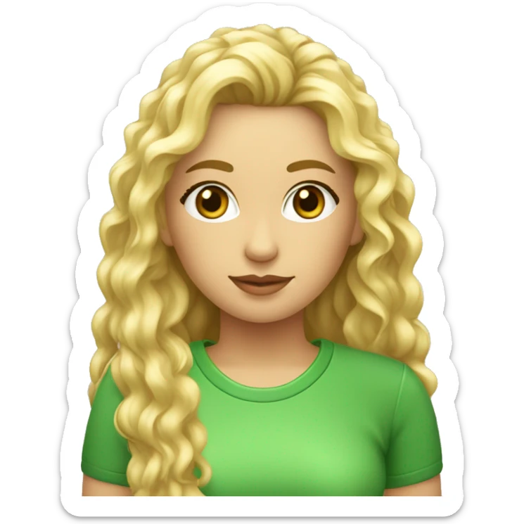 Chica rubia pelo rizado largo y flequillo con ropa verde ldelante ordenador sticker