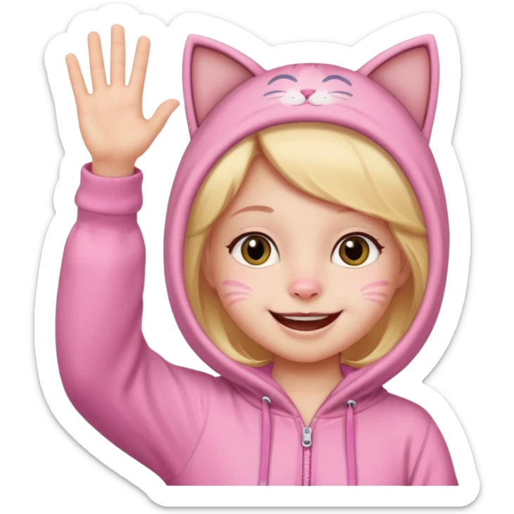little Girl kid in pink cat onesie waving happily sticker