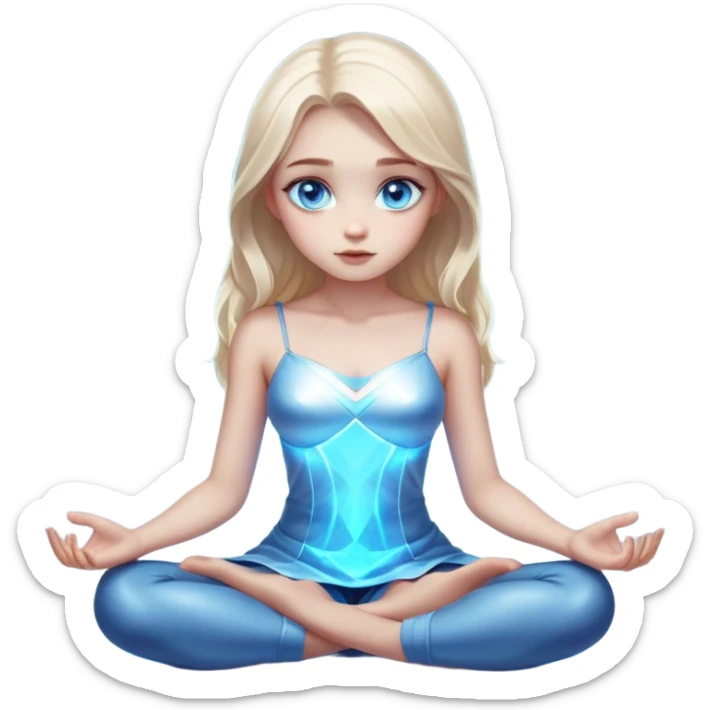 Cinematic girl with large sparkling blue eyes sitting cross legged, Ultra realistic 32k HD, hauntingly beautiful, Balanced features, highly detailed, glowing, high shine, enchanting, ghostly, dreamy glow, complex pose. The image is so lifelike it could leap off the canvas at any moment sticker