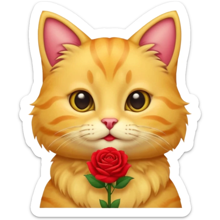 Cute emoji-style yellow tabby cat holding a red rose in its mouth, big round eyes, fluffy fur, clean mascot style, centered, transparent background, 1:1 ratio. sticker