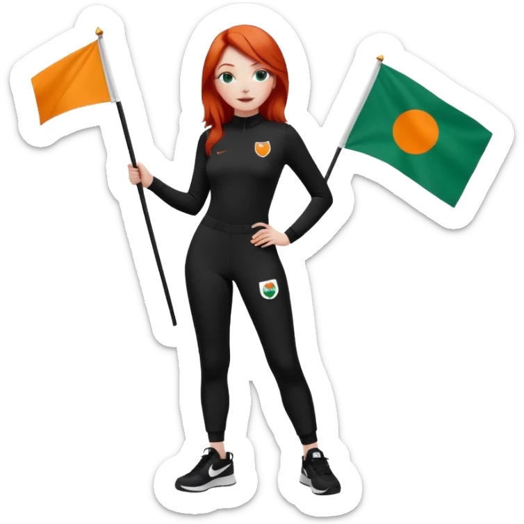 white girl wearing orange cameo trousers and along sleeve high neck black bodysuit with black and white Nike trainers. she has red hair and bluey green eyes and is holding flag with her logo on  sticker