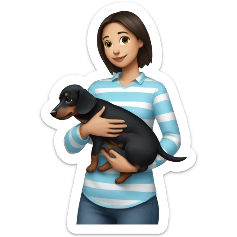 brunette girl with a light blue and white striped shirt holding a black dachshund puppy in her arms sticker