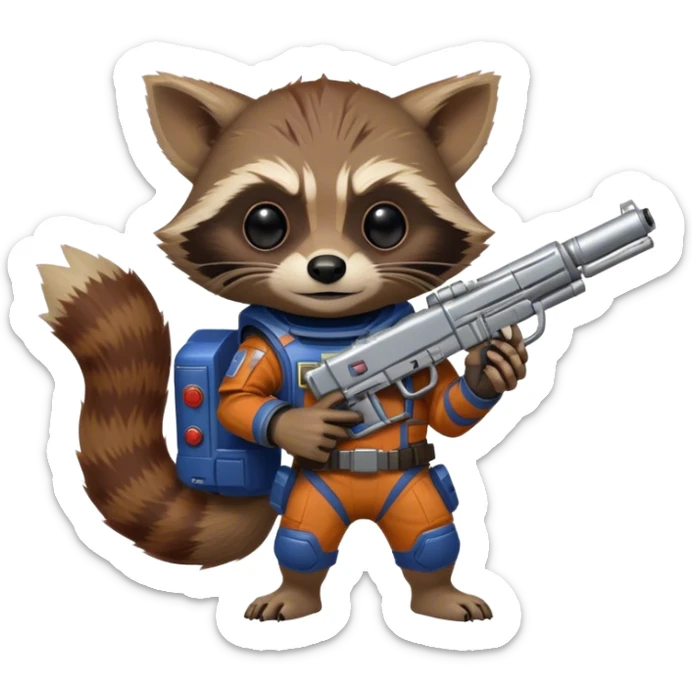 Generate a rocket raccoon from the Guardians of the Galaxy movies, he has a gun in his hands and a groot on his shoulder sticker