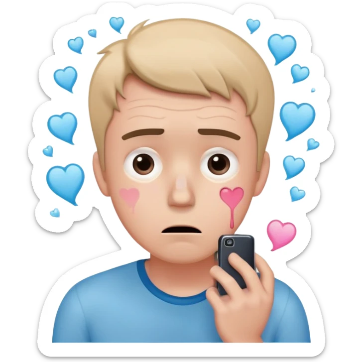 anxious man with wide worried eyes and slightly frowning mouth overthinking with sweat drops, a cracked heart symbol nearby, holding a phone in hand, body posture tense and reaching forward showing fear of abandonment, minimal soft rounded design with gentle blue and pink colors sticker