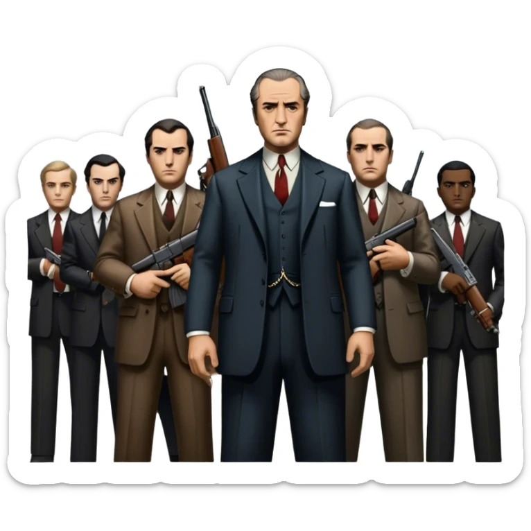 Vintage noir poster with Don Corleone surrounded by gangsters holding Thompson submachine guns. Dark and moody atmosphere with shadows, suits, and a mysterious vibe. Background features New York skyscrapers, adding to the gritty, classic gangster film feel. Transparent background. sticker