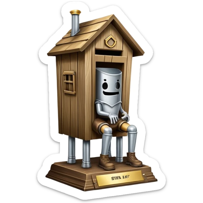 A "I STINK AT FANTASY FOOTBALL" trophy featuring an outhouse-shaped figure with legs on a metallic base - perfect for commemorating league losers.​​​​​​​​​​​​​​​​ sticker