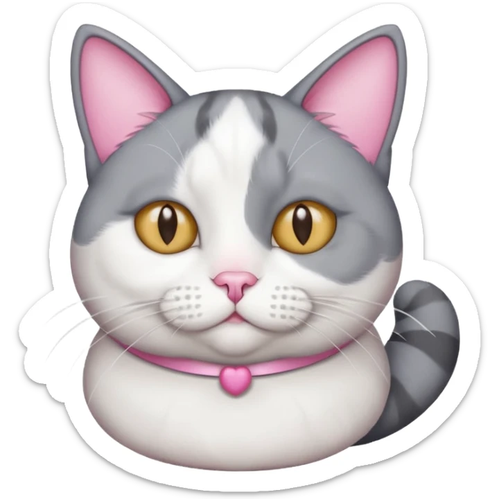 Gray and white tuxedo cat that is fat with white on top of tail and white on nose sticker