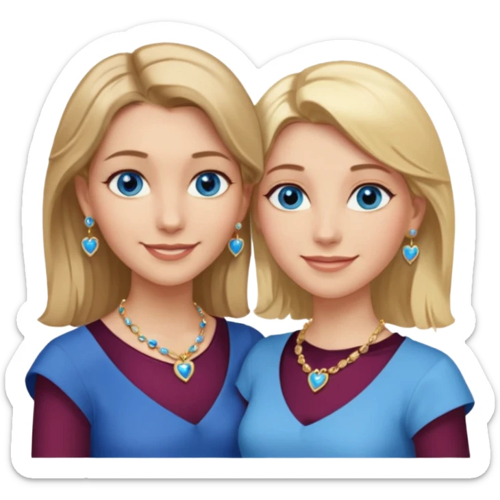 Two women, one with dark blonde medium-length hair, blue eyes, jewels, and earrings. The other is slightly shorter, also with blonde shoulder-length hair, blue eyes, a gold heart necklace, and earrings. Both women are smiling and embracing. sticker