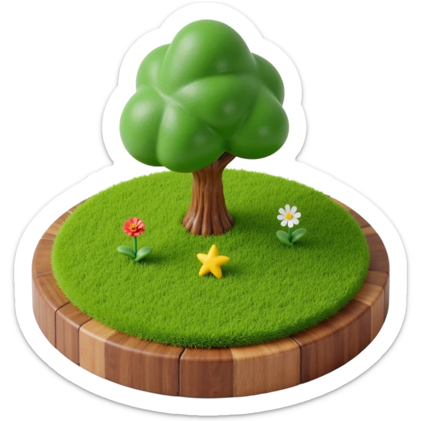 circular emblem with a tree and grass, skeuomorphic, shiny highlights, realistic textures, 3D effect, classic app icon style sticker