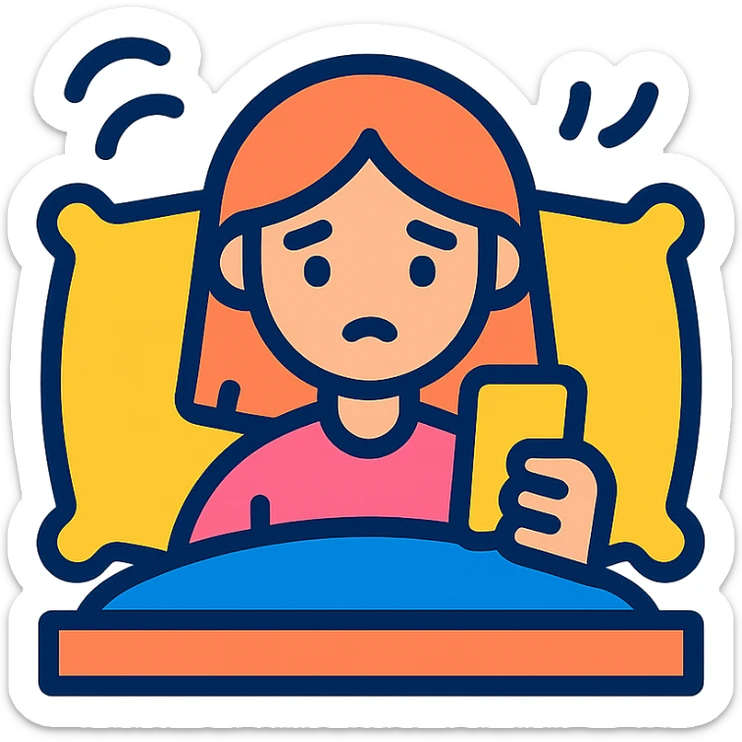 Girl lying in bed, wanting to sleep but not wanting to, staying up late playing with her phone sticker