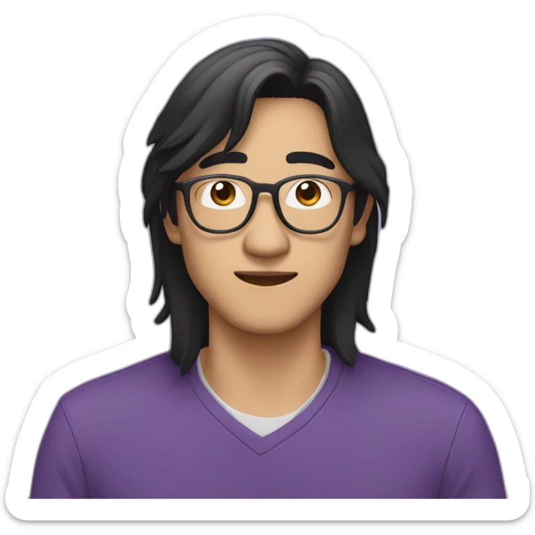 an asian guy with very long black hair. Wearing glasses and a purple sweat sticker