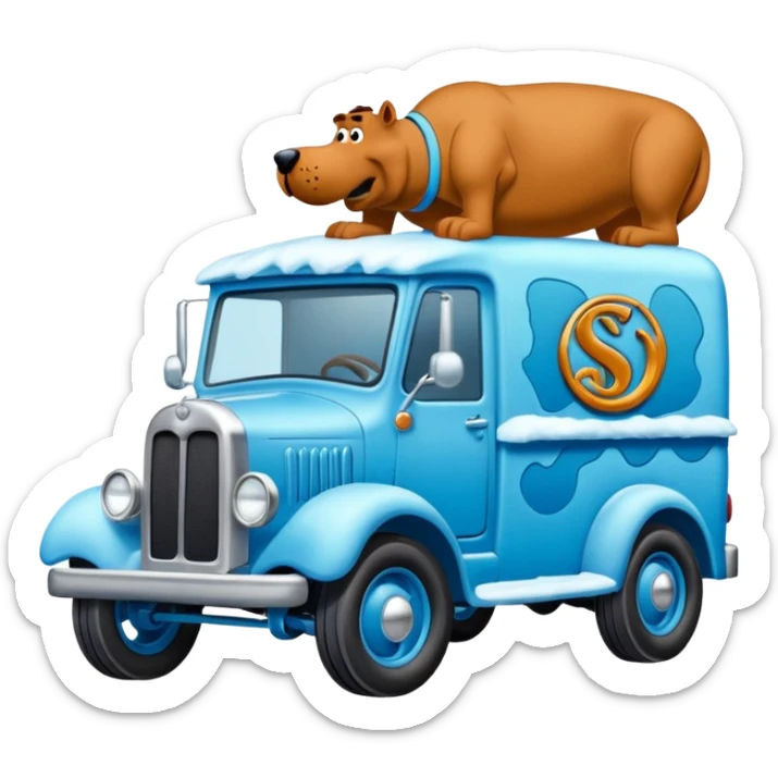 The Flintstones shiny crushed-dark-ice-blue frozen Scooby Doo 1912 antique long-wheelbase snub-nose off-road moving truck  sticker