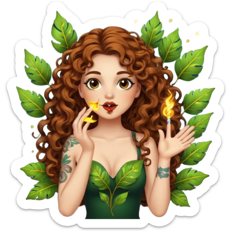 full body view of a woman with long curly brown hair, brown eyes, white skin, tattoos, blowing a glowing kiss made of leaves and sparks sticker