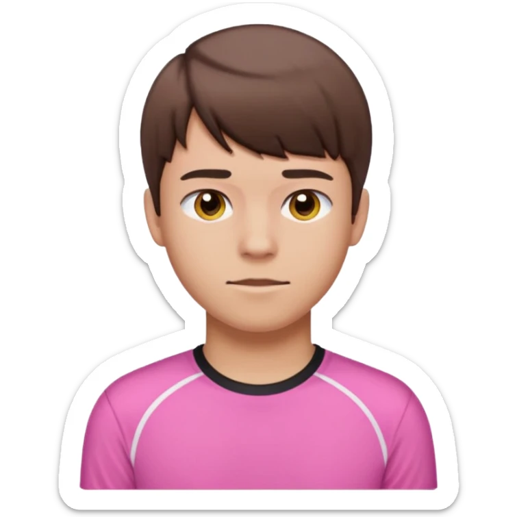realistic apple emoji style portrait of a young man with short brown hair, straight bangs, wearing a pink sports shirt sticker