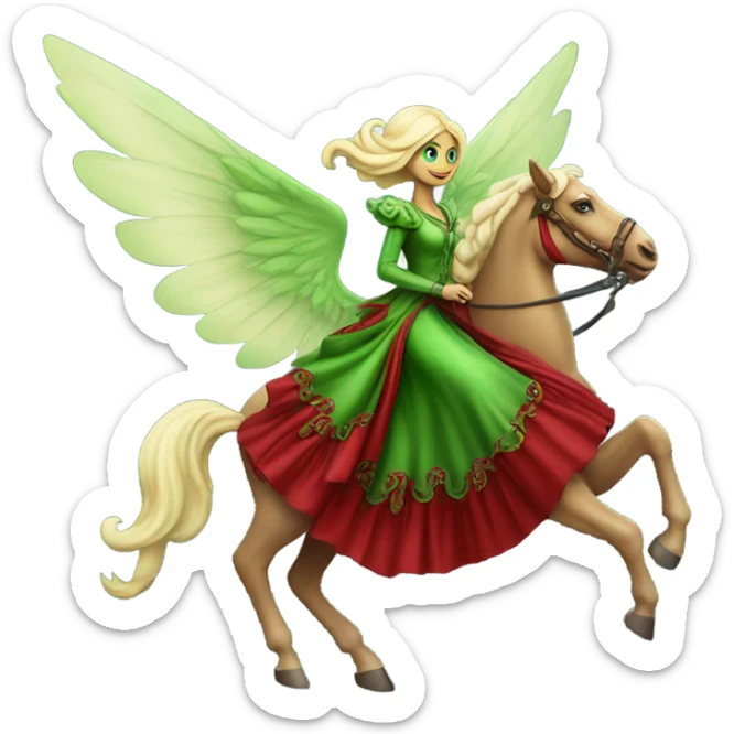 "galora green blonde alien woman" in red Victorian elegant dress, full body, rides winged horse
NO WOKE
 sticker