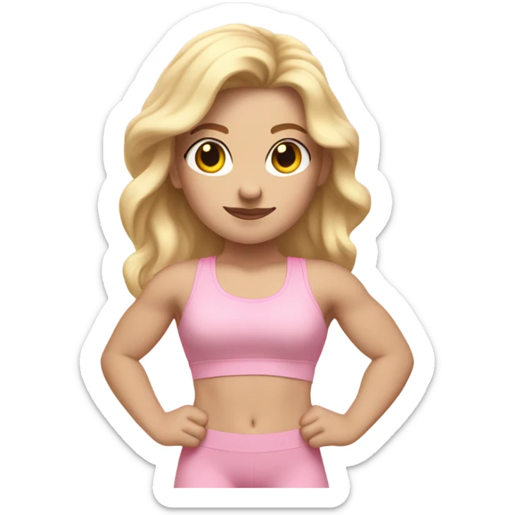 White woman, pale skin, long hair, blonde hair, wavy hair, baby pink sports bra, baby pink leggings, flexing right arm sticker