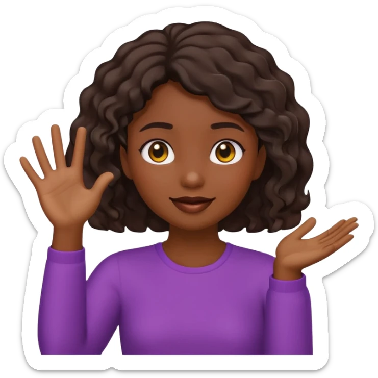 A dark-skinned girl with short, wavy hair raises her right hand 😜 and makes the same emoji movements sticker