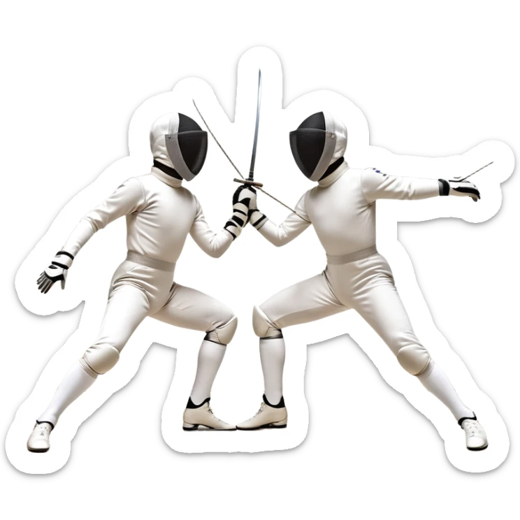 Two fencers in symmetrical stances, with crossed épées in front of them. Their forms are elegant and precise, showcasing the balance and strategy of fencing. The background features a blurred fencing piste, with subtle motion lines to emphasize the elegance and speed of the sport. sticker