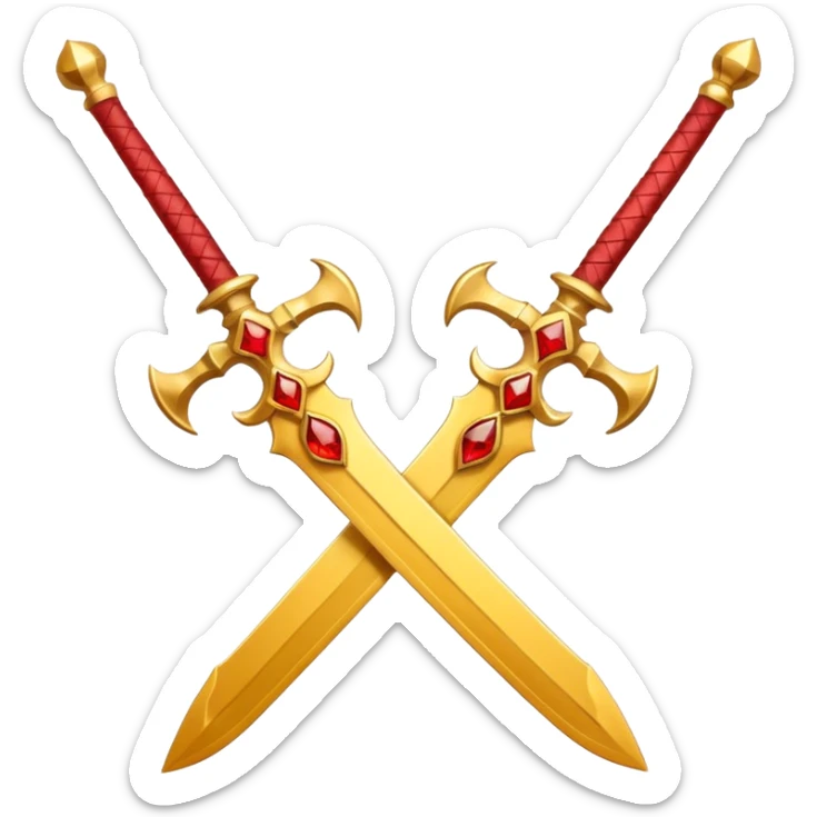 Two crossed swords that are golden in blade and handle and have fiery and royal appearence to them as well as red gem stones yellow in color sticker