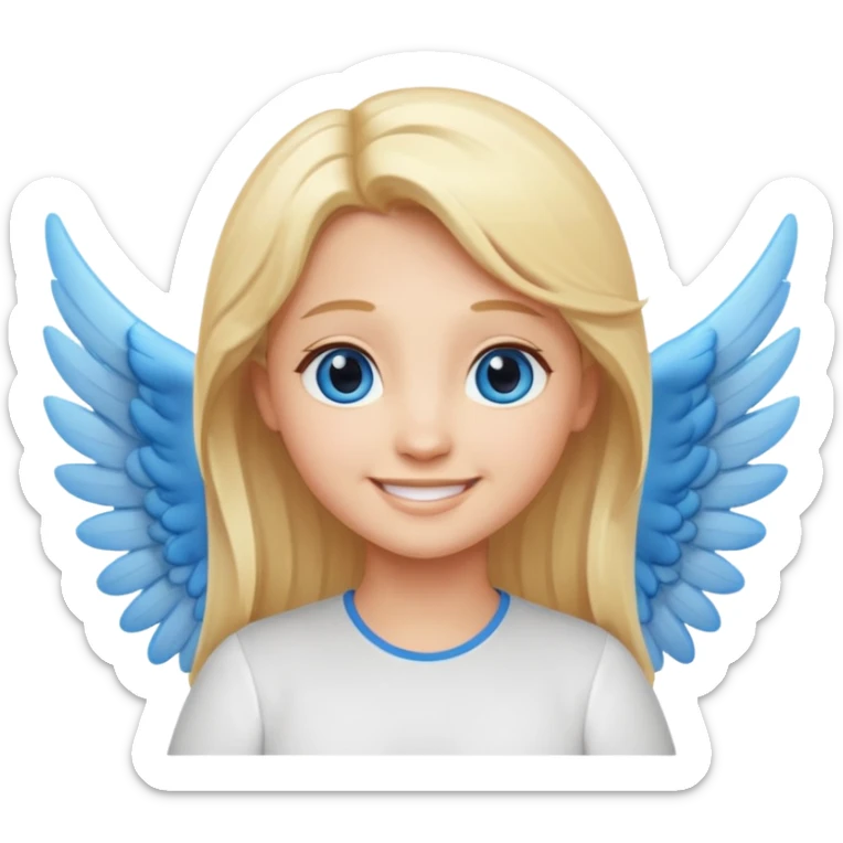 angel emoji blonde hair, blue eyes and smiling, larger wings with darker outline on them and bigger smile sticker