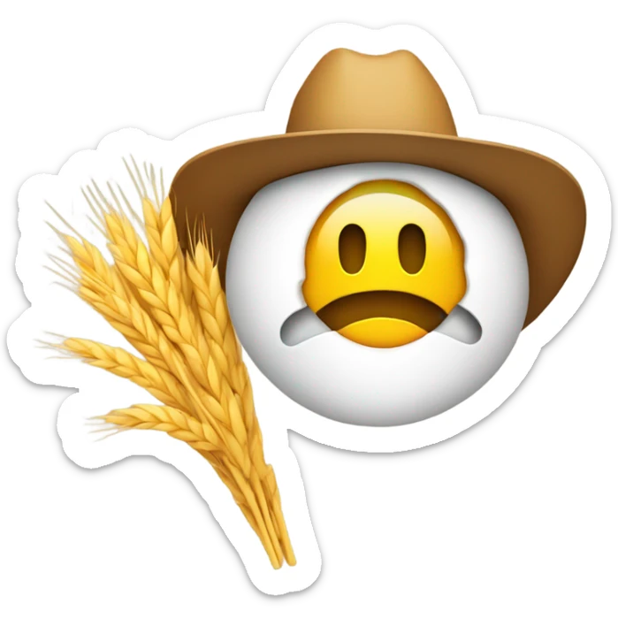 Yellow, round emoji, in a cowboy hat, smiling with a piece of wheat dangling from mouth sticker