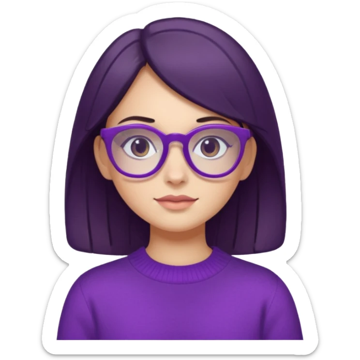 white girl with dark hair wearing purple sweater and purple glasses, portrait sticker