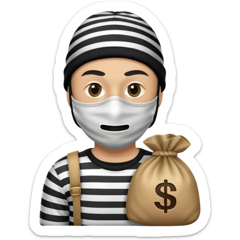A robber, striped black and white shirt, with money bag , with mask , beanie  sticker