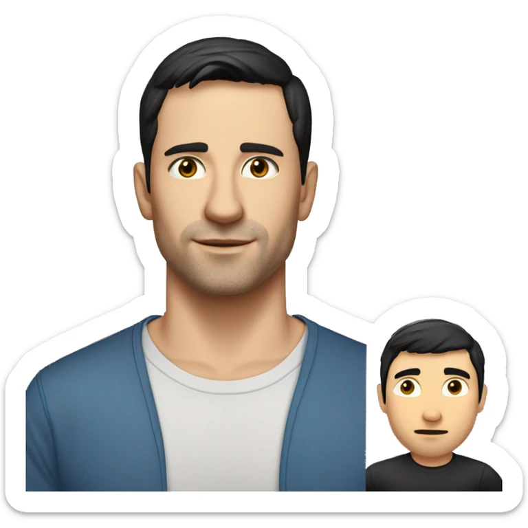 A head and shoulders shot of a 33 year old white man, with short black hair,   with brown eyes wearing a t-shirt. sticker