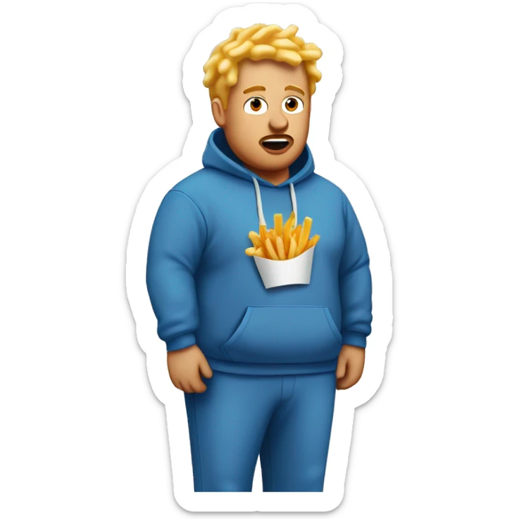 obese blonde man in dirty blue sweatsuit with chili cheese fries in his mouth sticker