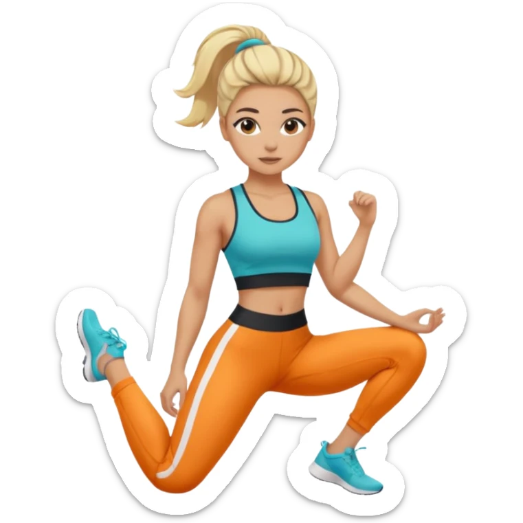 girl with dyed blonde hair and dark roots, wearing sporty crop top and leggings, looking like fitness coach, hair loose and tidy sticker