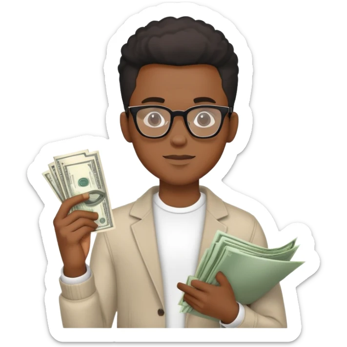  Venture capital. Young black man with stylish glasses in casual clothes and a term sheet and money sticker
