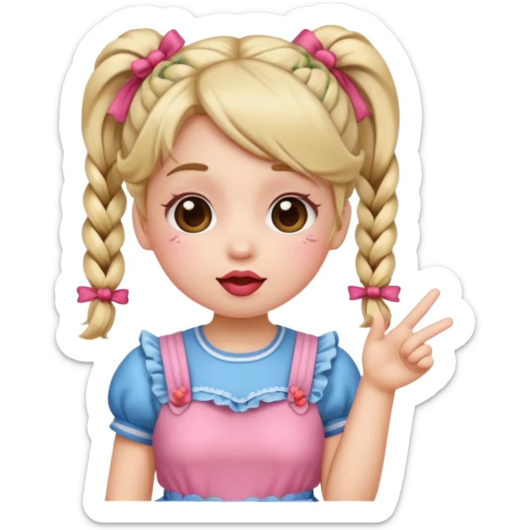 girly girl emoji, with pigtails, wearing a frilly skirt, blowing a kiss sticker
