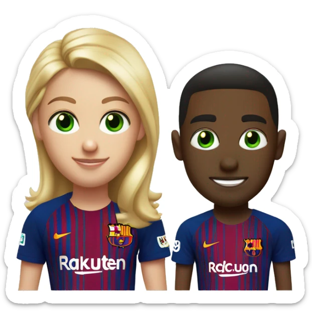 two blonde friends one has green eye in fc barcelona T-shirt with lamine yamal and hector fort sticker