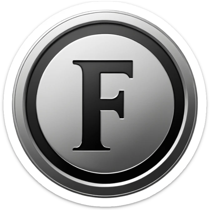 Emoji icon of a metal coin with engraved letter F, minimalist style, isolated, only black color sticker