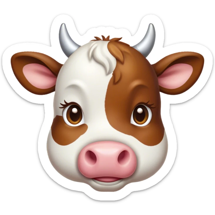 Cinematic Cute Brown and White Cow Portrait Emoji, Head tilted playfully and inquisitively, featuring a glossy, richly patterned hide of brown with striking white patches, round, sparkling brown eyes filled with gentle curiosity, Simplified yet irresistibly adorable features, highly detailed, glowing with a warm, friendly glow, high shine, affectionate and serene, stylized with a touch of country charm, bright and endearing, soft glowing outline, capturing the essence of a mischievous yet loving cow, so playful it feels like it could moo out of the screen and into your arms! sticker