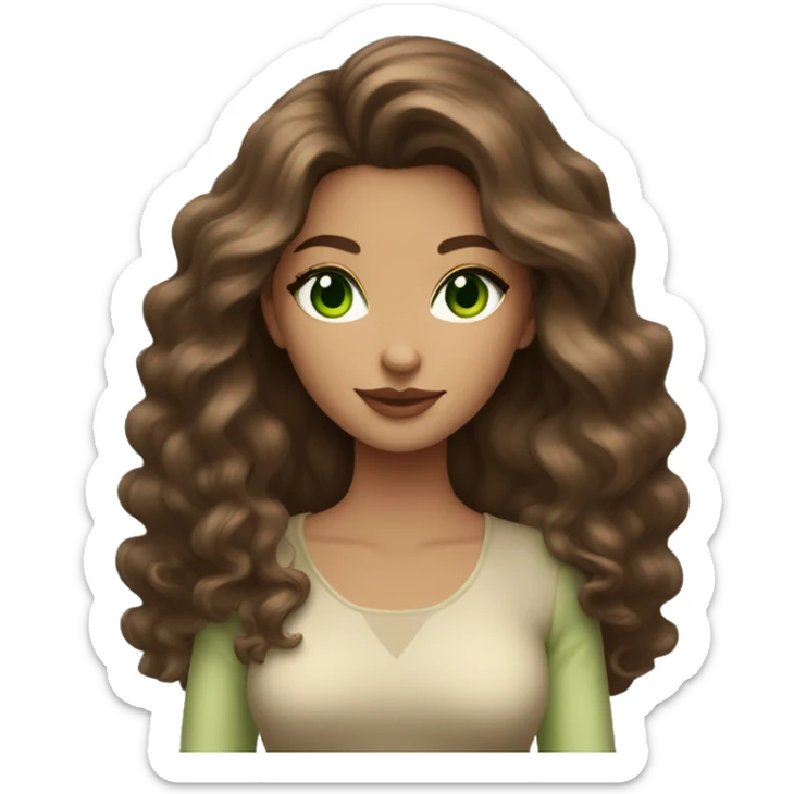 woman long medium brown wavy voluminous hair with green eyes beige skin and hot outfit sticker