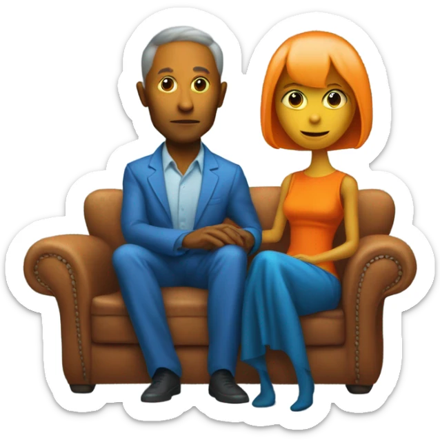 alien reptilian woman in orange dress and humman man in blue, sitting on a couch  sticker