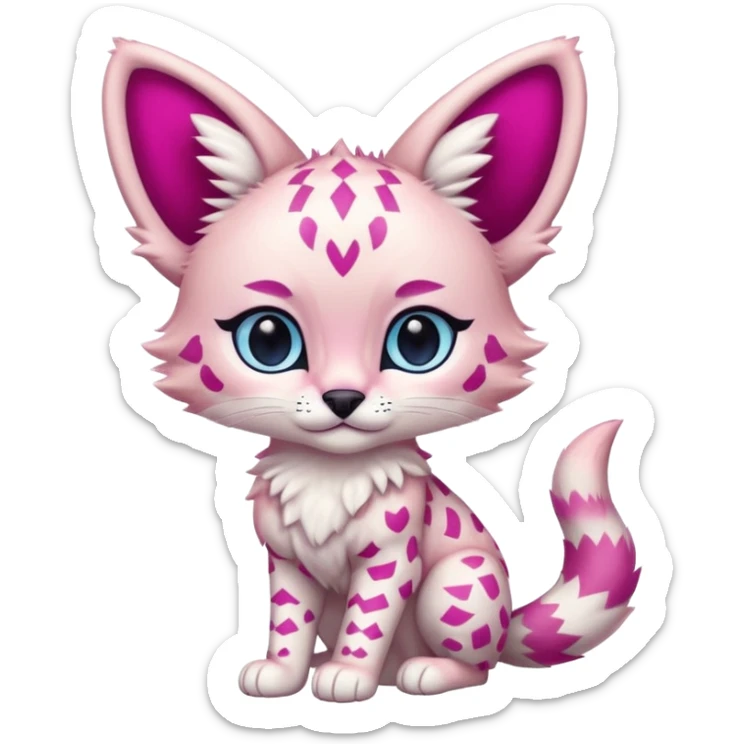 Whitish pastel-rosy-pink chibi cute elegant furry kawaii Serval, with magenta intricate chevron markings, and with big blue eyes,  sticker