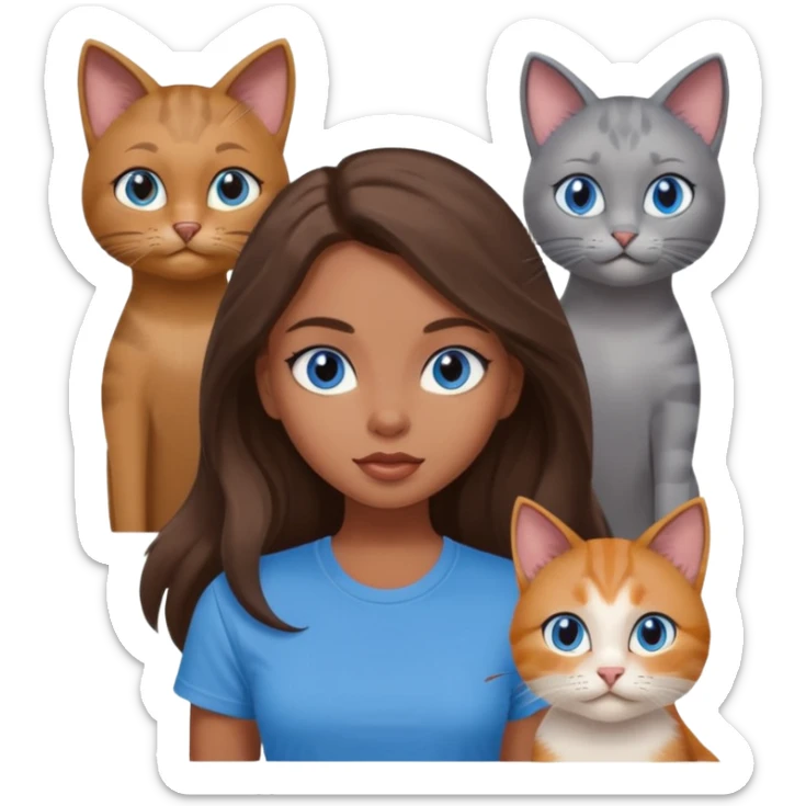a pretty bratz dusky girl with long brown hair, blue eyes with six cats nd wearing a grey tshirt sticker