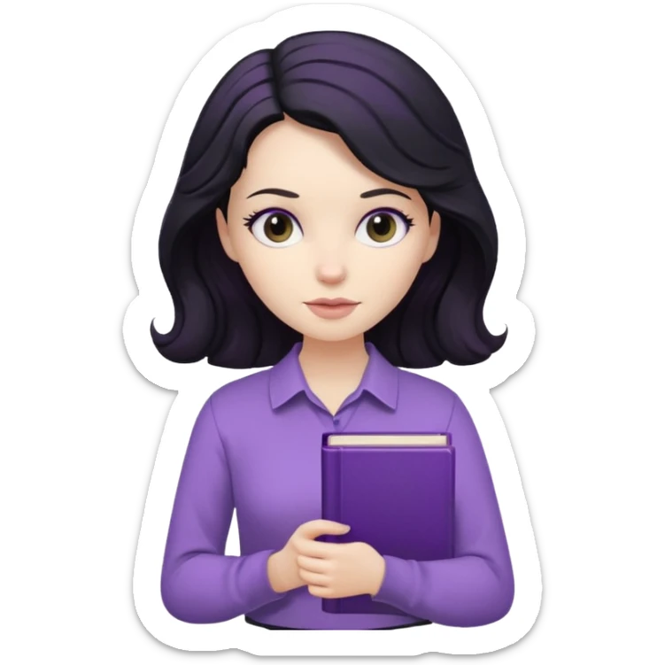 Long Hair Women with Black wavy hair, with purple Book, beige shir, without background sticker