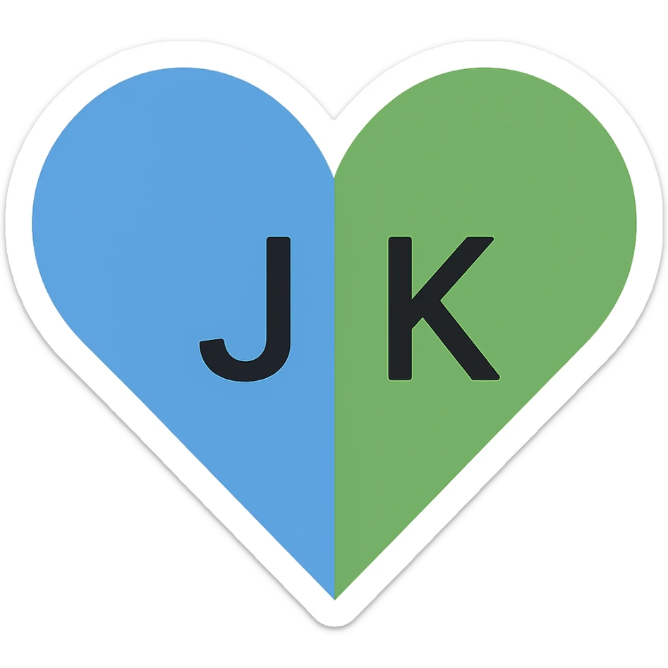 In the blue and green heart, place the letter J on the blue part and the letter K on the green part, maintaining a minimalistic style with a transparent background. sticker