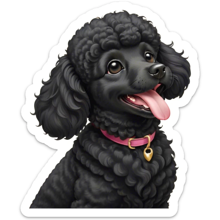Cinematic Cute Yawning Black Poodle Portrait Emoji, Head tilted slightly with a dramatic, wide-open yawn, displaying a soft, curly jet-black Fur with a refined texture, floppy ears slightly drooping, round dark eyes barely open in drowsy contentment, Simplified yet irresistibly adorable features, highly detailed, glowing with a soft, cozy glow, high shine, relaxed yet expressive, stylized with a touch of whimsy, bright and endearing, soft glowing outline, capturing the essence of a sleepy yet affectionate companion, so drowsy it feels like it could stretch right out of the screen and curl up for a nap! sticker