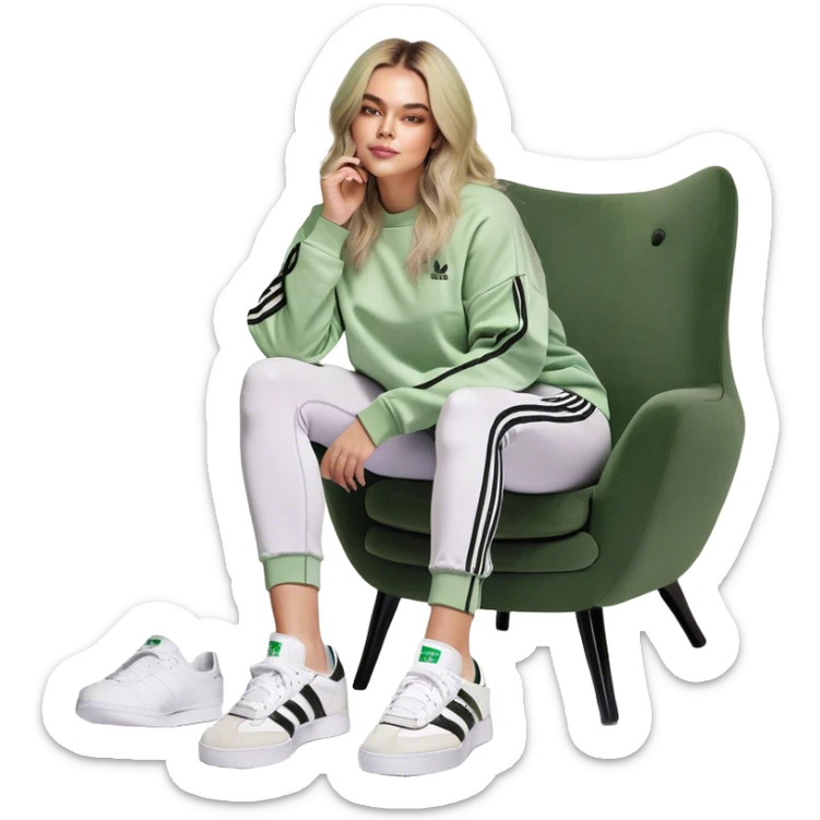 Girl long bright blonde highlighted hair middle part with rosy cheeks and plump mauve lips green eyes and wearing a white sweatshirt and black leggings with black and white adidas OG Samba sneakers sitting in a cozy chair posing with legs over the side of chair  sticker