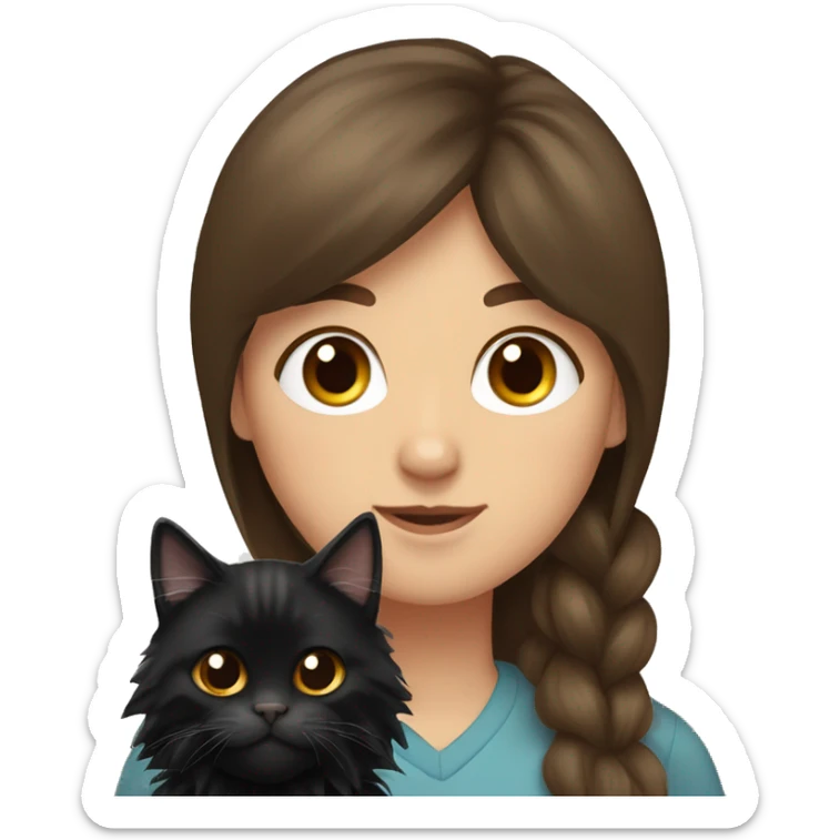 Black Maine coon cat in arms of woman with brown hair and bangs sticker