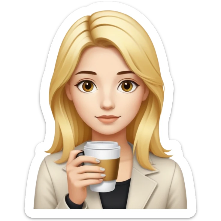 Young woman with golden hairs with dark roots holding a cup of coffee and iqos sticker